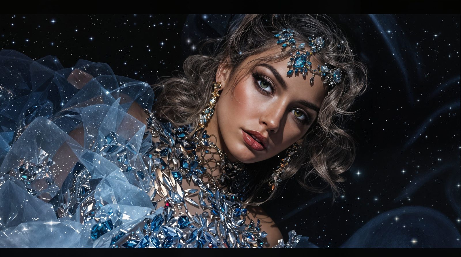 Hyperrealistic Portrait of a Woman in a Ball Gown at Night