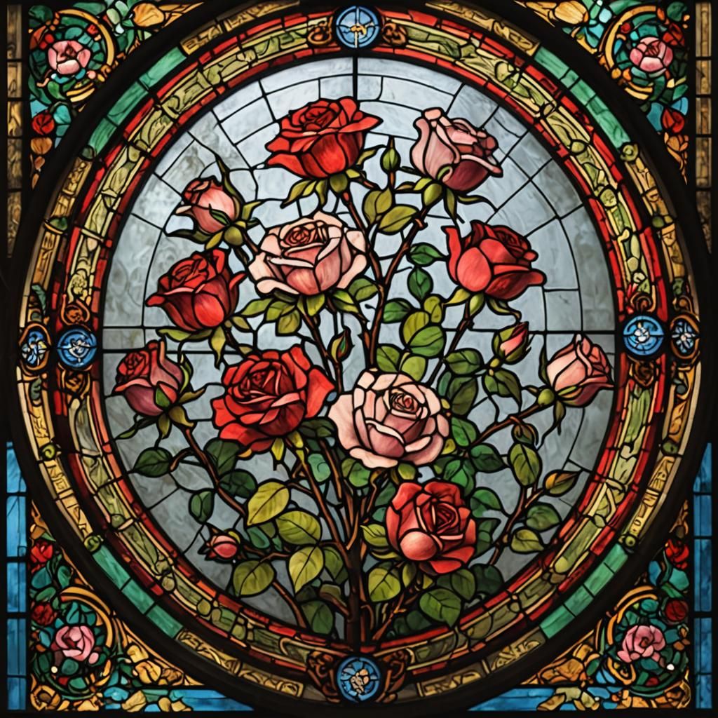 Art Nouveau Stained Glass Window with Roses