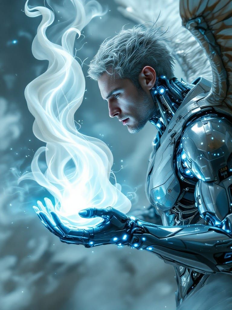 Cybernetic Angel Meets Ethereal Sculpture in Futuristic Drea...