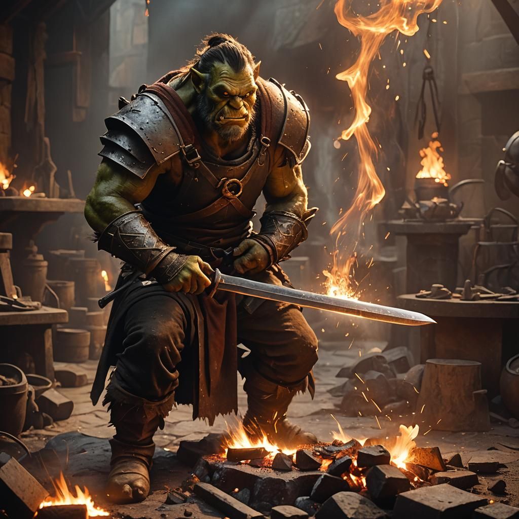 Orc Blacksmith Forging Sword in Fiery Forge