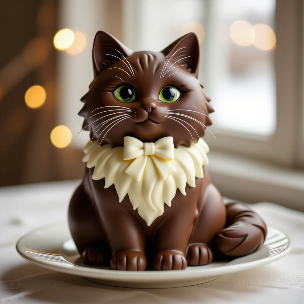 Chocolate Cat Figurine with Bokeh Effect