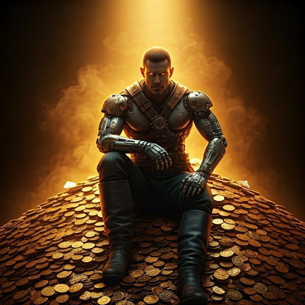 Cybernetic Pirate Amidst Treasure in Cyberpunk Style