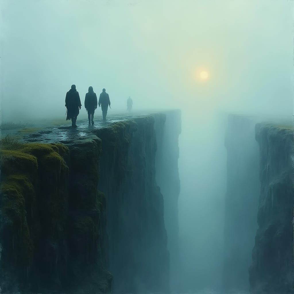 Misty Figures on a Ridge: Dark Fantasy Landscape