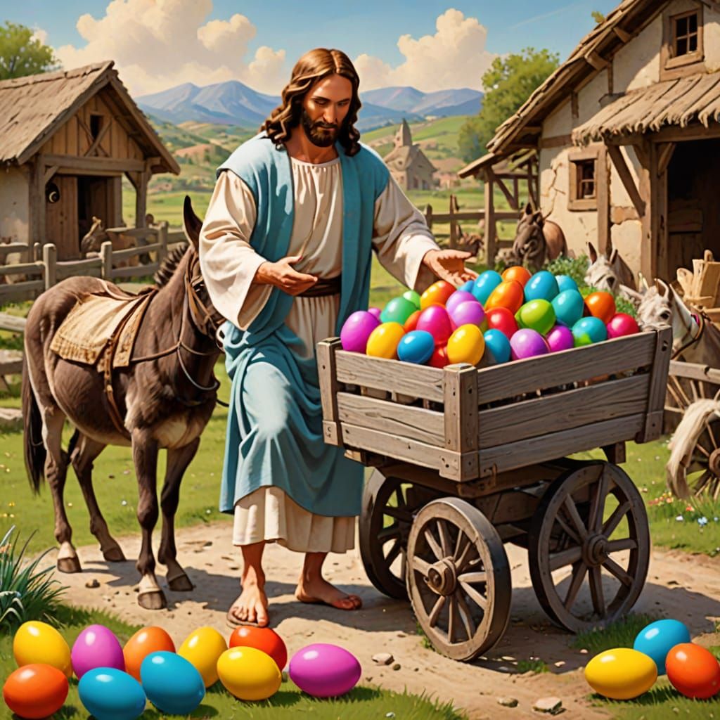 Jesus Collects Easter Eggs in a Joyful Scene