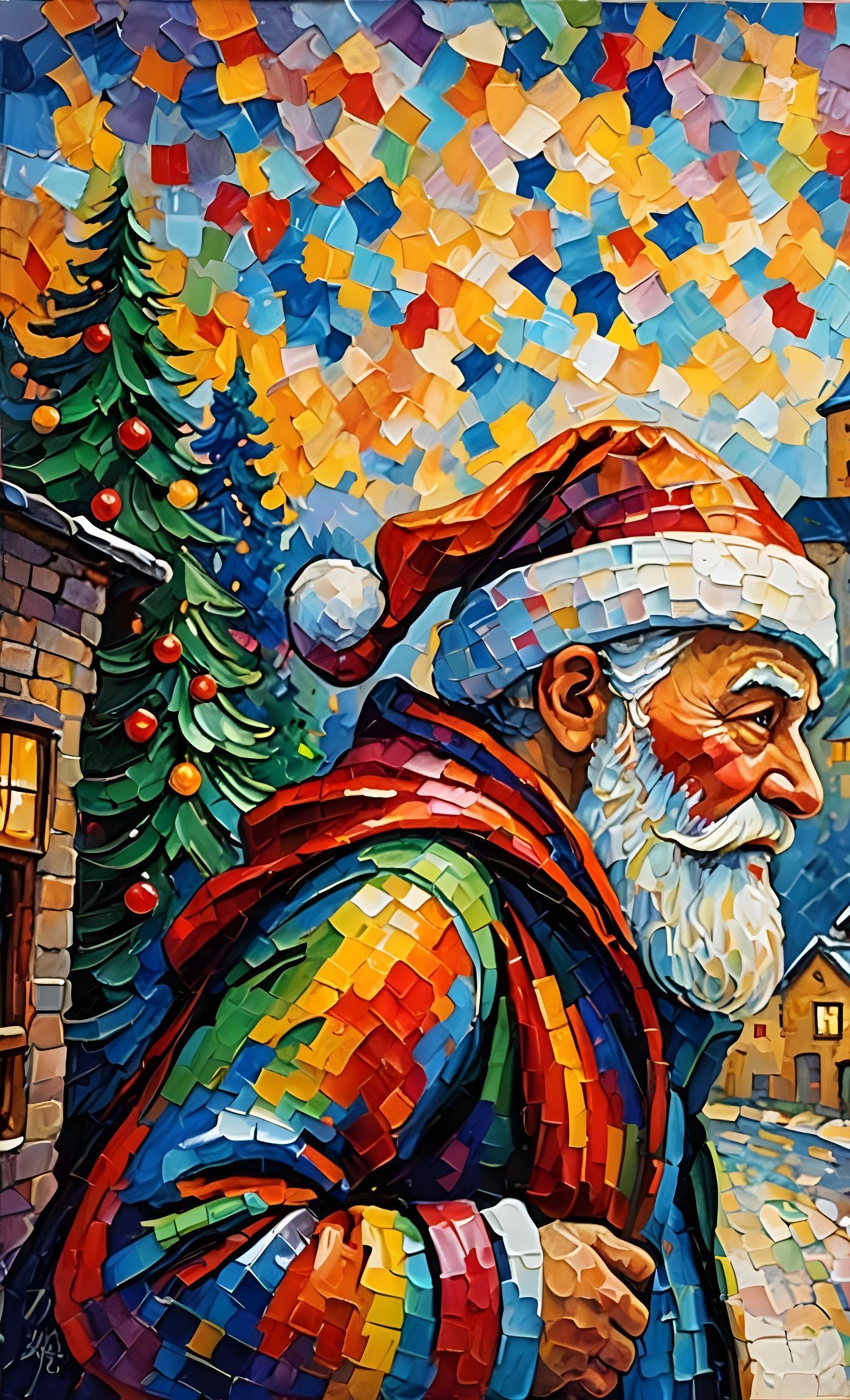 Retro Santa Claus in Neo-Impressionist Oil Painting