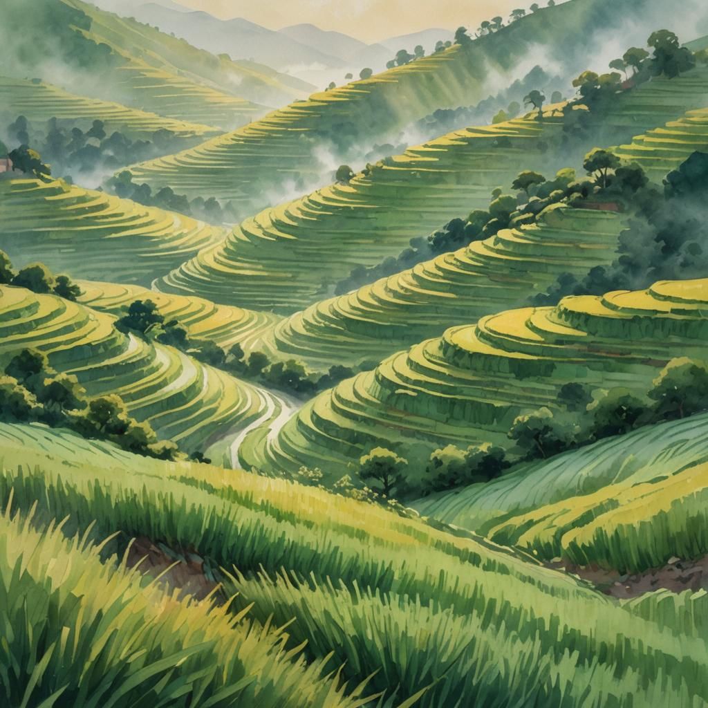 Emerald Rice Terraces in Impressionist Watercolor Style