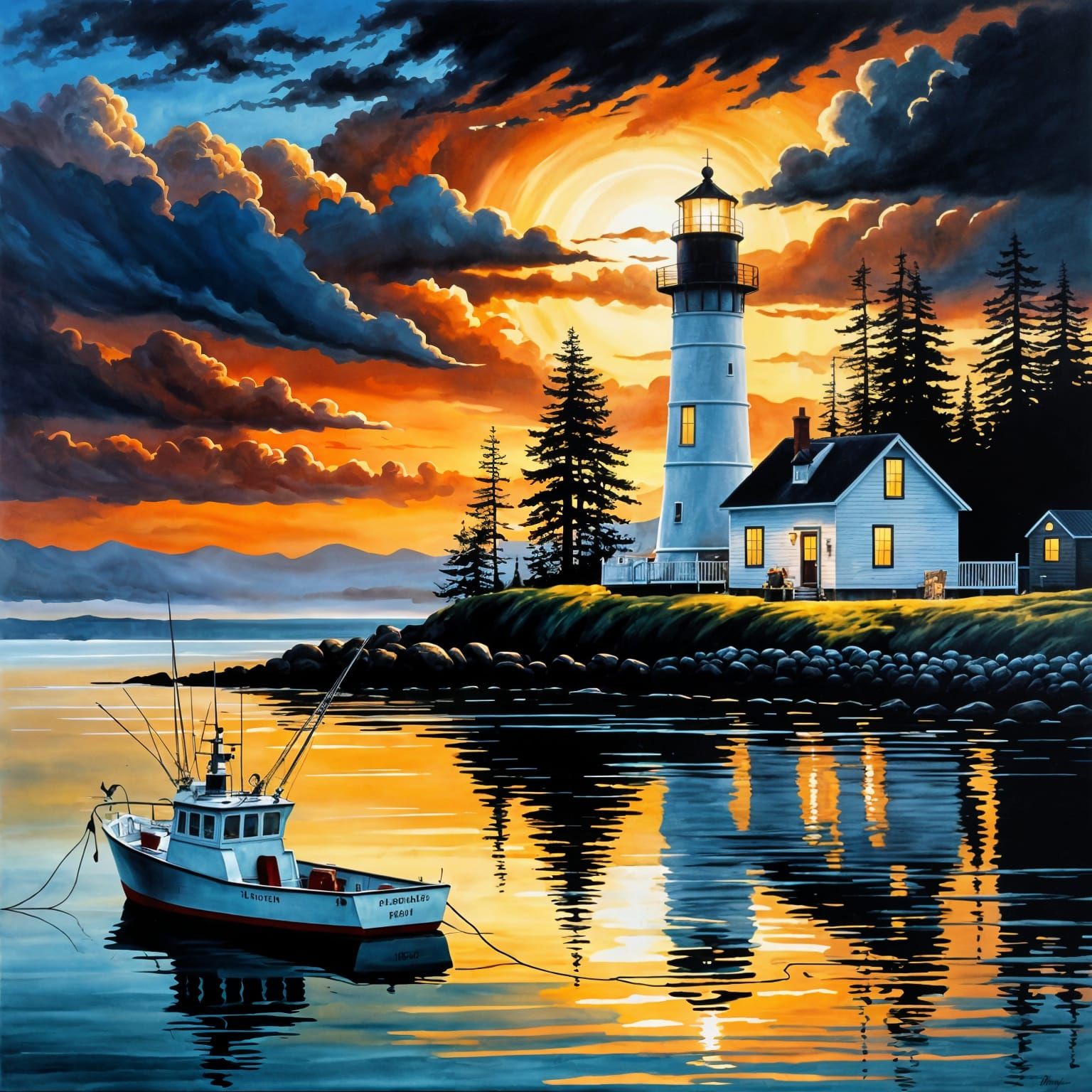 Twilight Cottage Lighthouse in Photorealistic Oil Painting