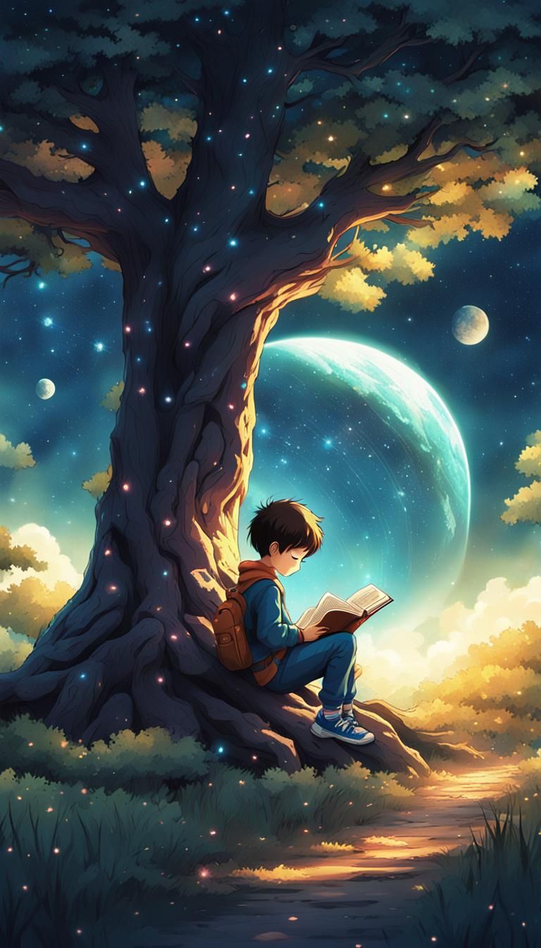 Boy Reads Novel Under Tree Gazing at Space