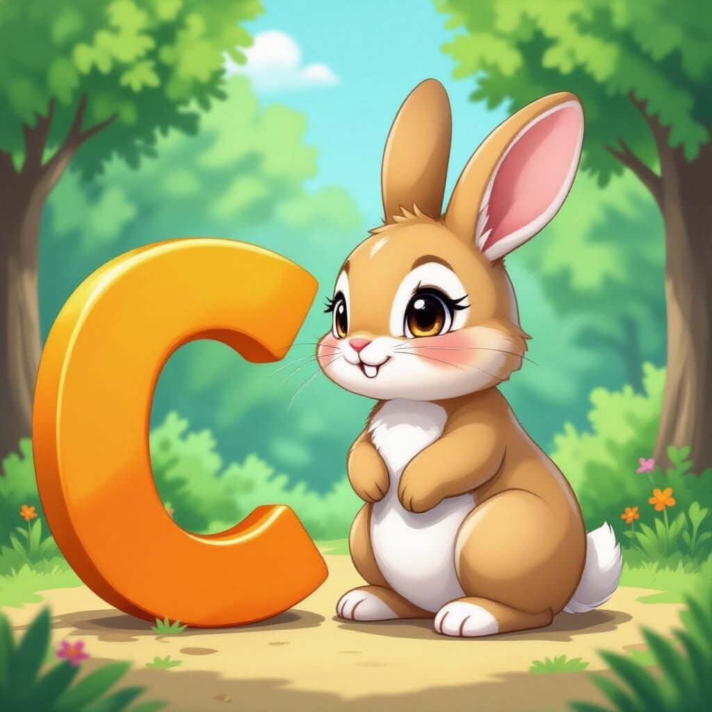 Anime Rabbit Sits Near the Letter C