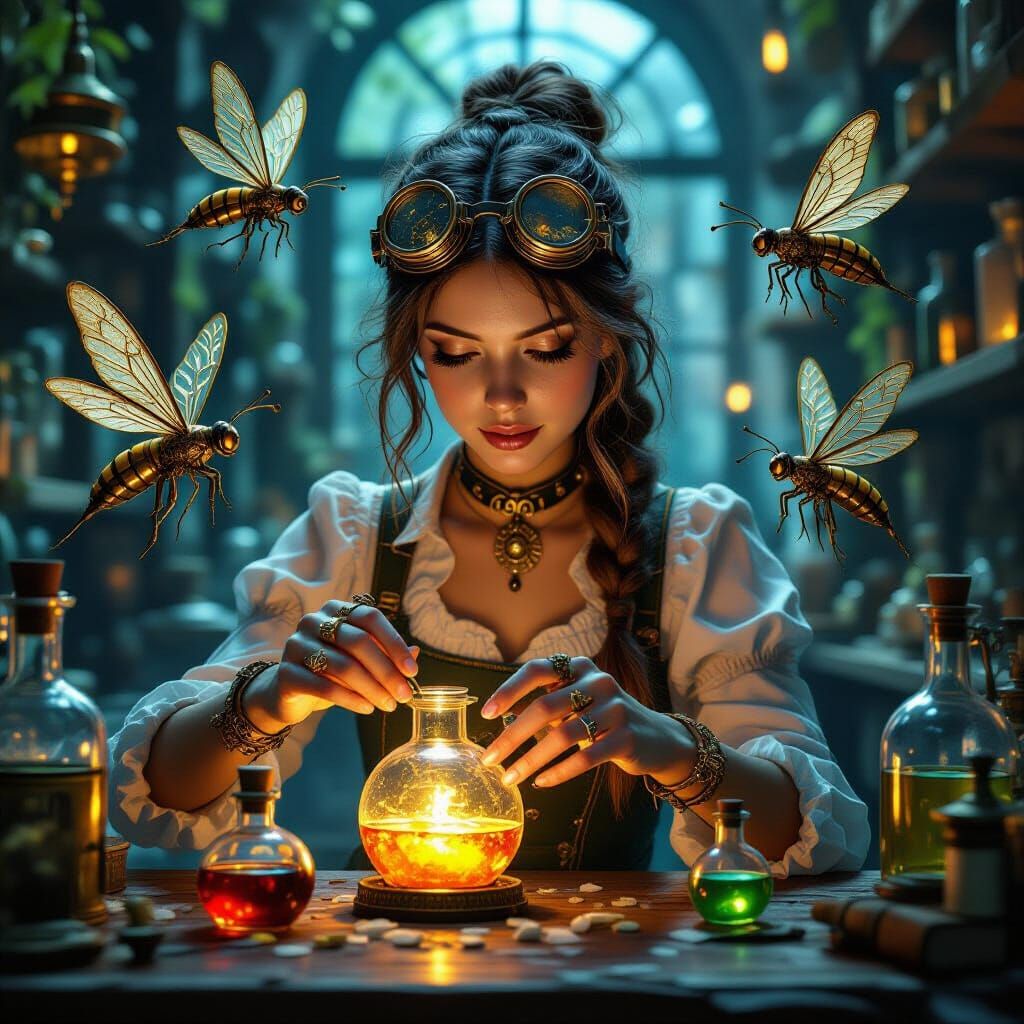 A steampunk apothecary girl mixing glowing potions in glass ...
