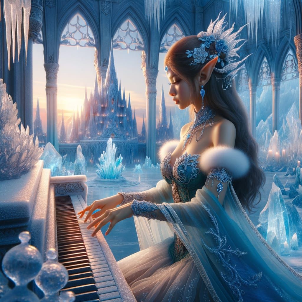 Elven Musician in Frosty Palace at Sunset