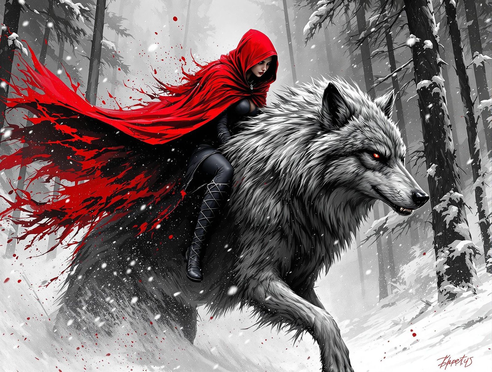 Majestic Assassin Riding a Grey Wolf in a Blizzard