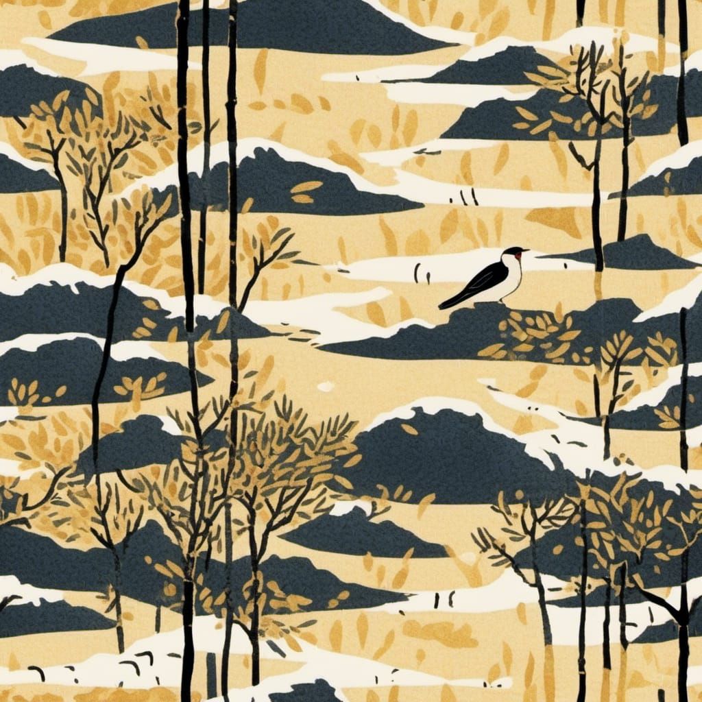 Japanese Bamboo in Snow: Ukiyo-e Woodblock Print