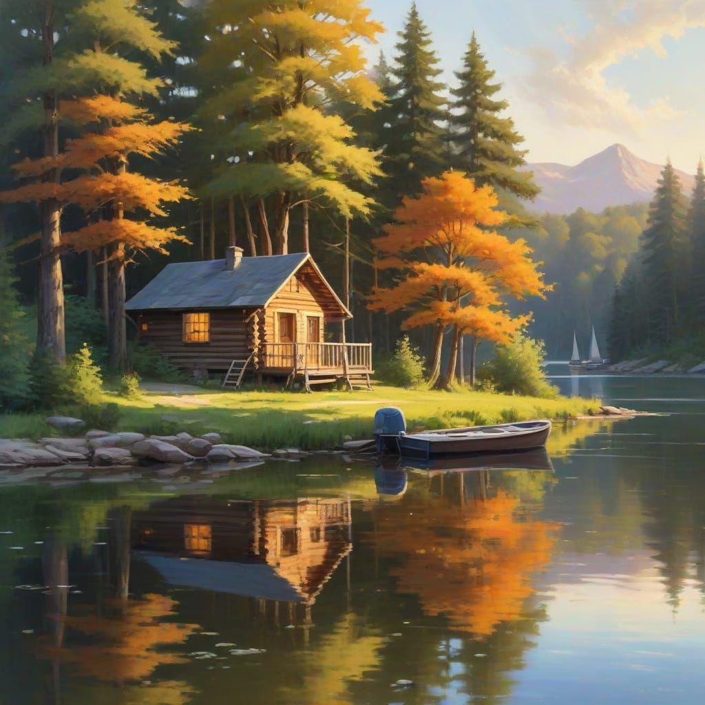 Idyllic Lakeside Cabin in Impressionist Style