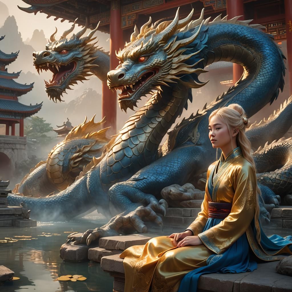 Chinese Girl and Dragon in Dreamy Landscape