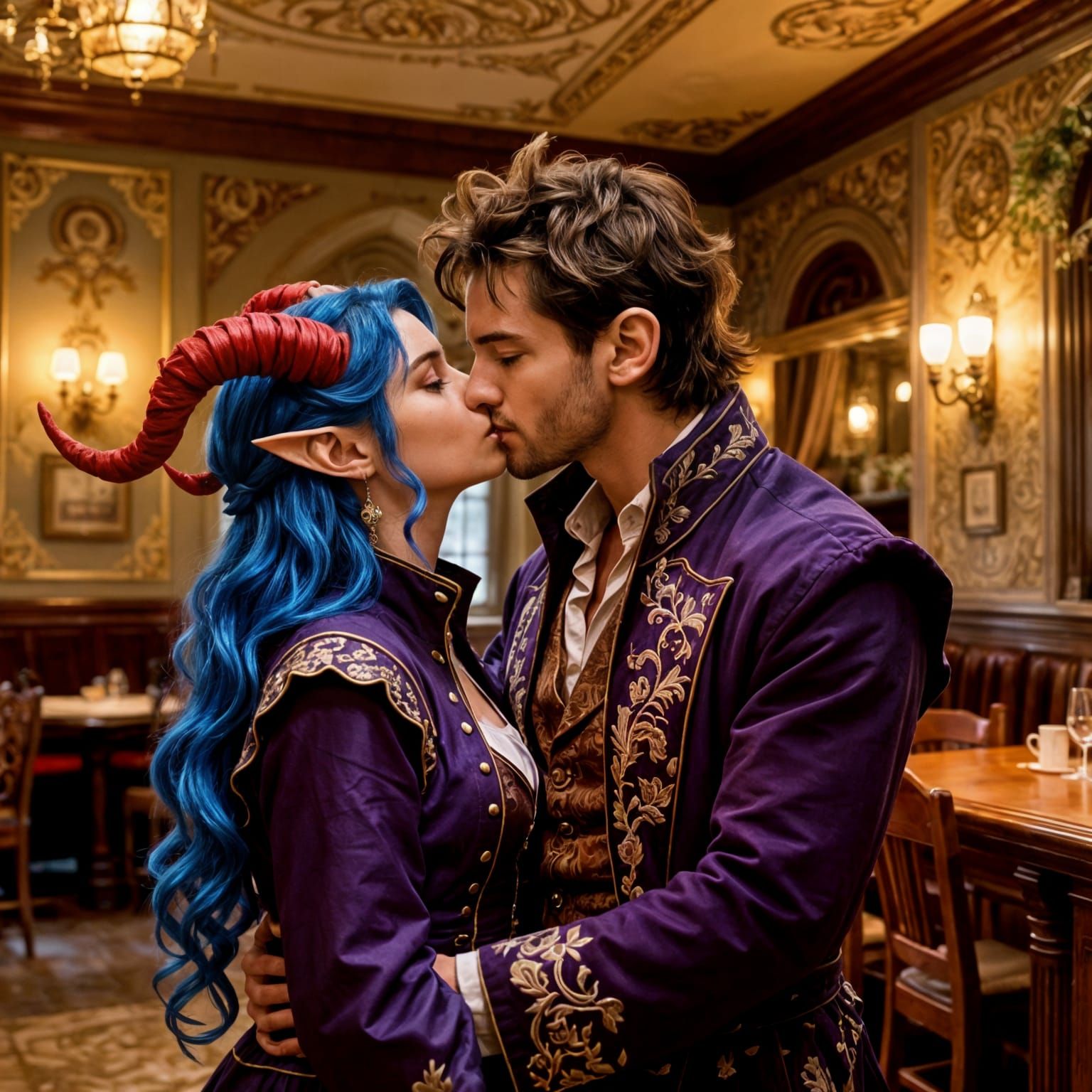 Two Characters Kissing in a Fancy Inn