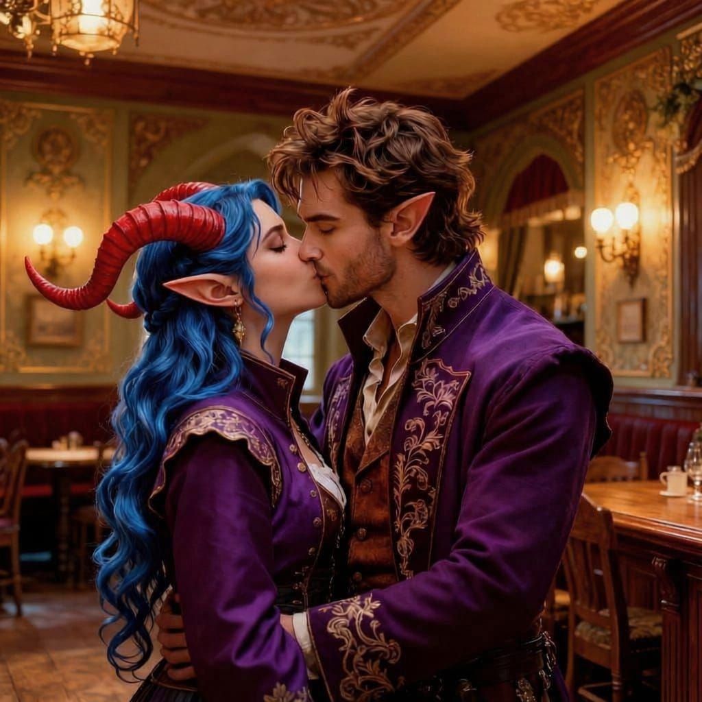 Two Characters Kissing in a Fancy Inn