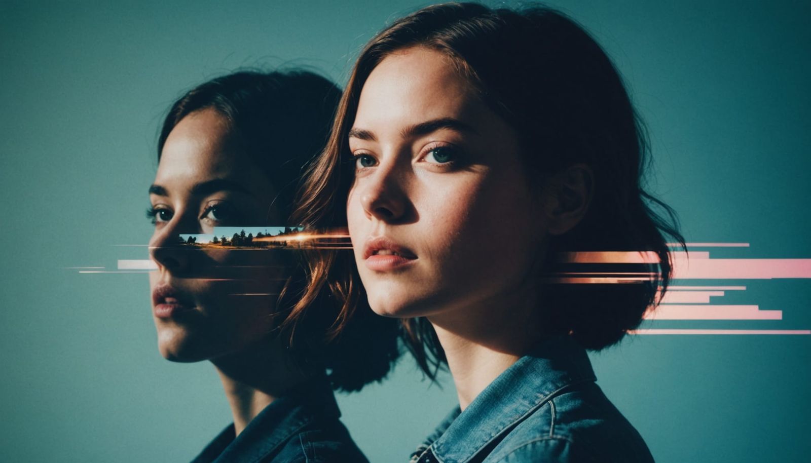 Double Exposure Woman with Glitch Accents and Cosmic Daydrea...