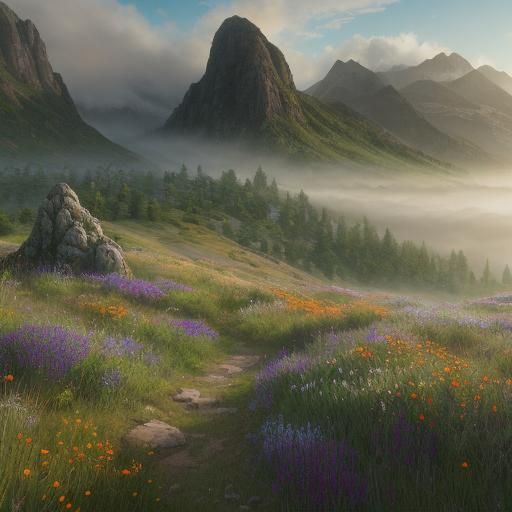 Serene Mountain Dreamscape in Golden Light