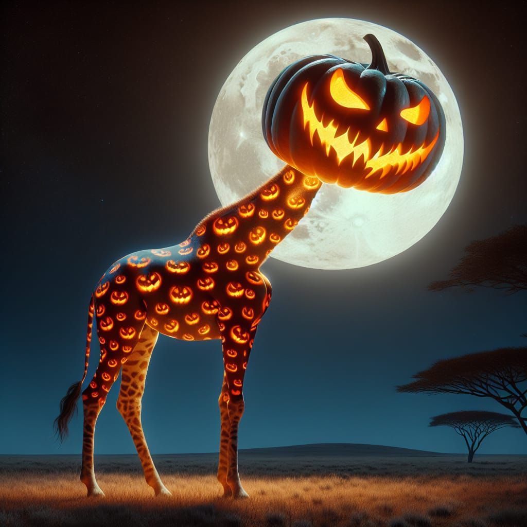 Halloween Giraffe Jack-o'-Lantern Fusion in Savanna