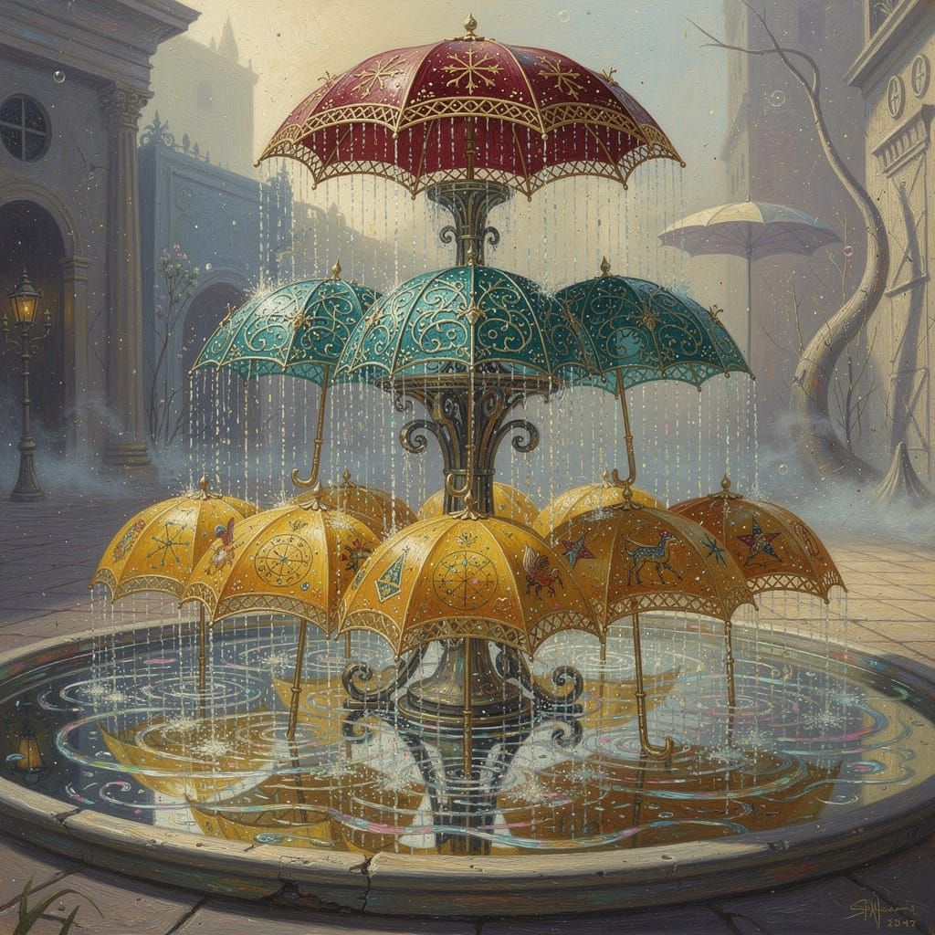 Elegant Multi-Tiered Umbrella Fountain Art