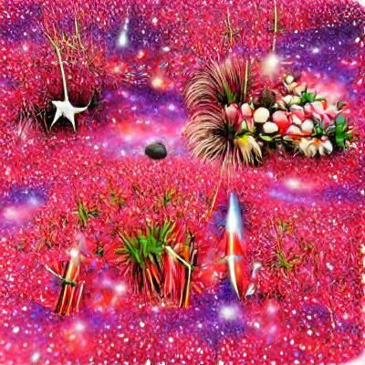 Cosmic Flower Garden with Saturn and Fireworks