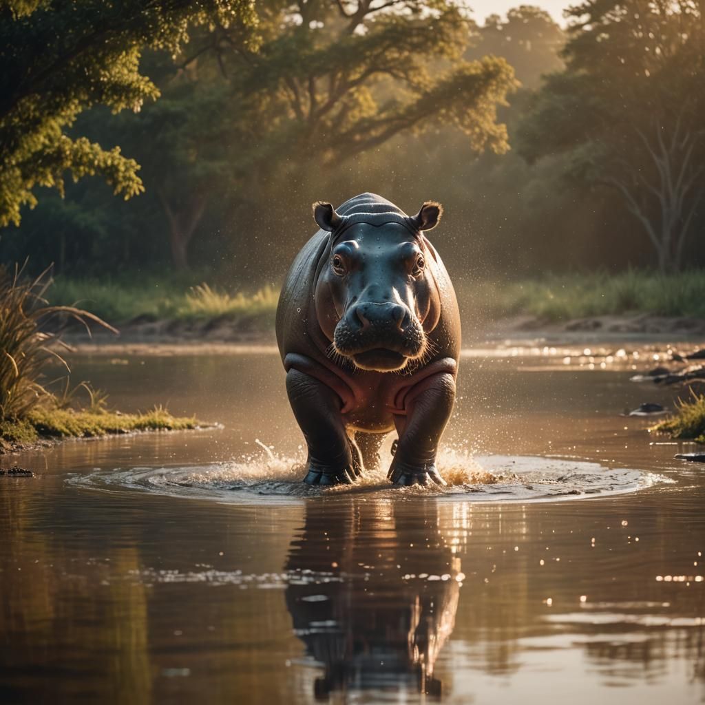 Cinematic Hippo Emerges from Water at Golden Hour