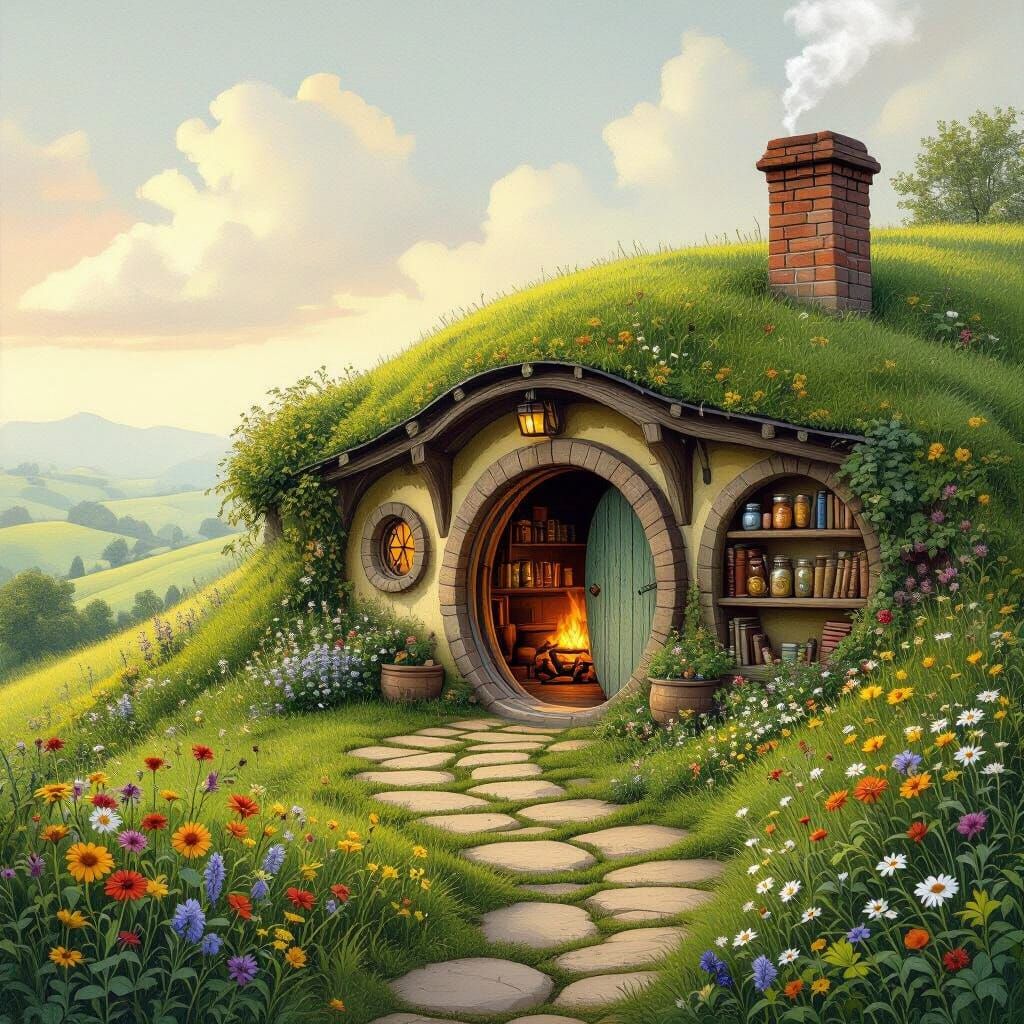 Cozy Hobbit-Hole in Green Hillside: Fantasy Art