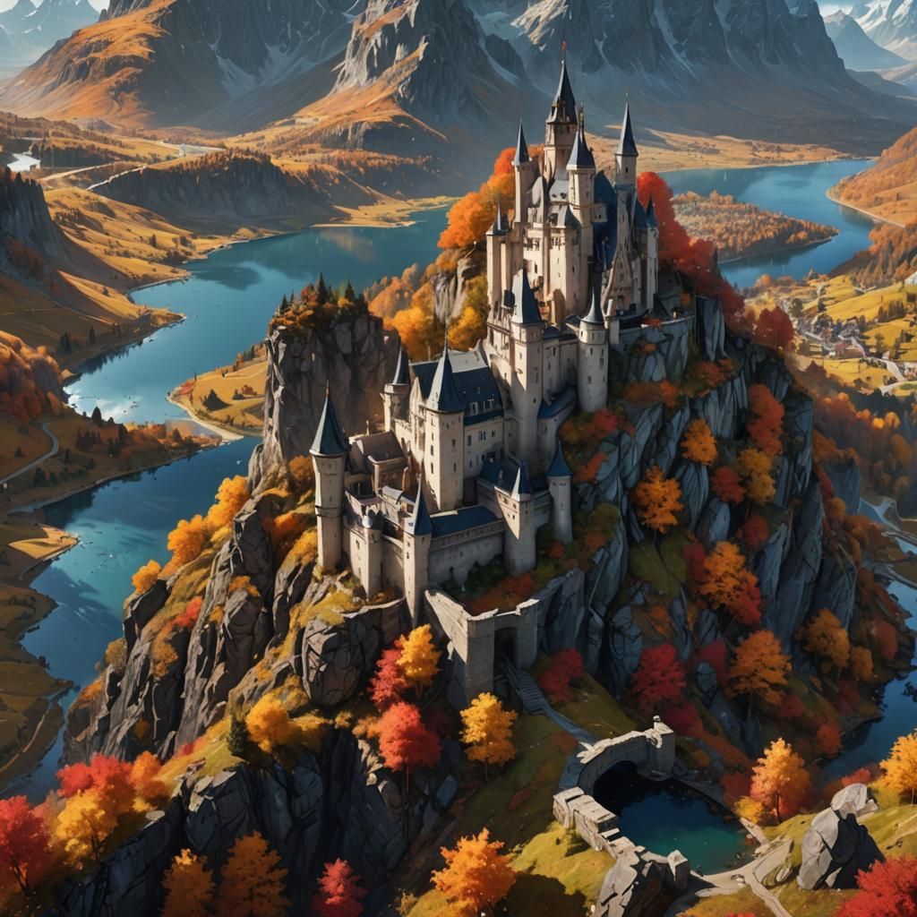 Epic Autumn Mountain Landscape with Gothic Castle