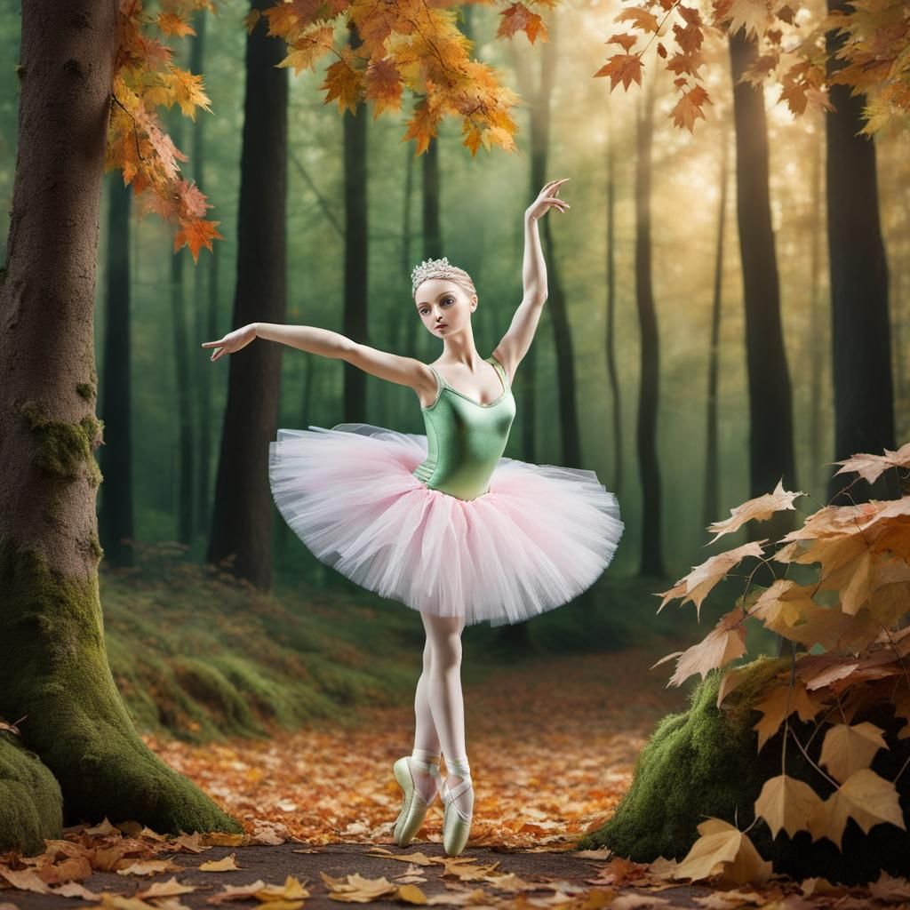 Hyperrealistic Stuffed Ballerina in Autumn Forest