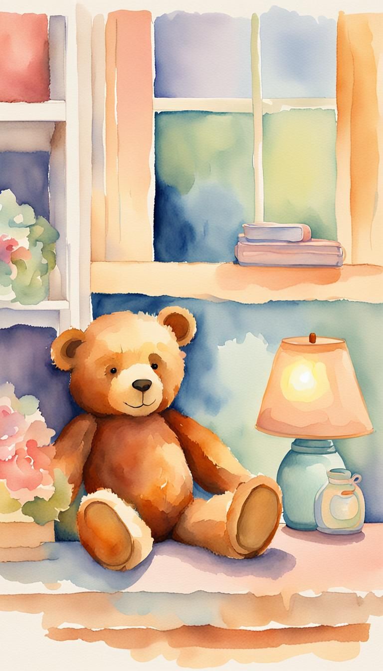Teddy Bear Sleeping in Cozy Nursery, Watercolor Style