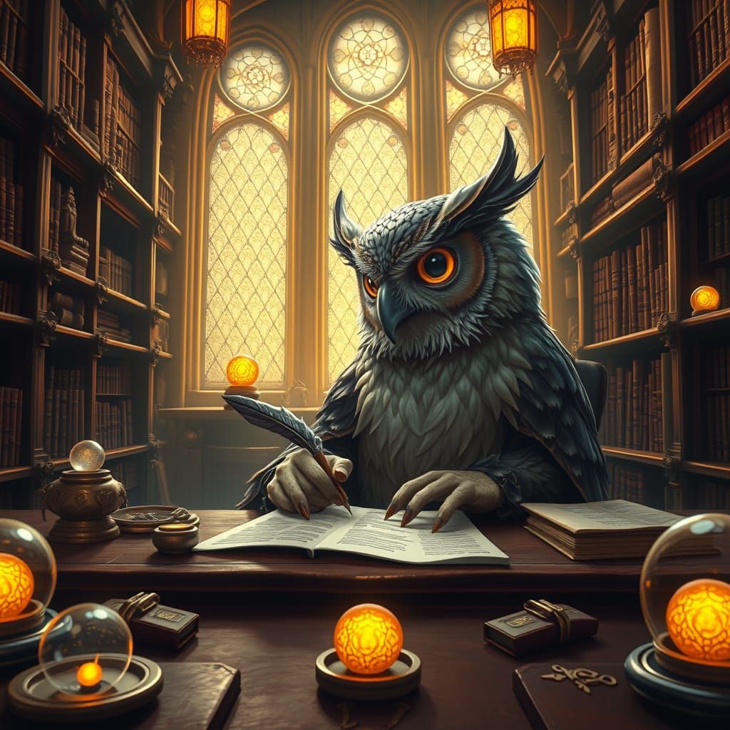 Anthropomorphic Owl Writes Spell in Grand Library