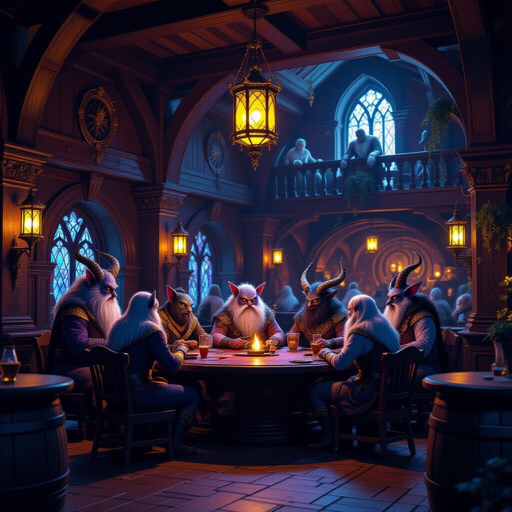 Fantasy Tavern at Night: Mythical Creatures Reveling