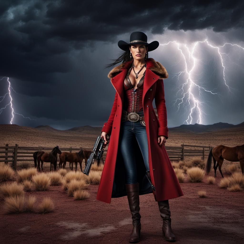 Western Outlaw in Midnight Lightning Storm