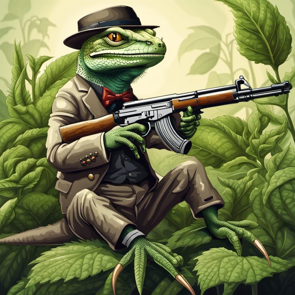 Gangster Lizard with AK-47 on Tobacco Plant