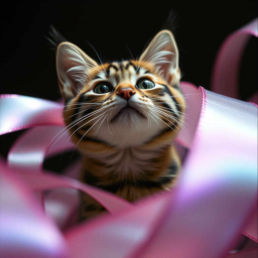 Whiskered Feline Amidst Iridescent Ribbon
