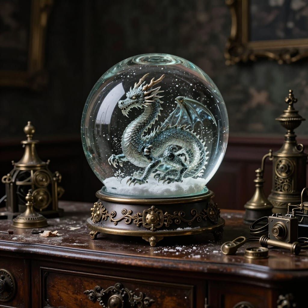 Glass Dragon in Snow Globe on Antique Desk