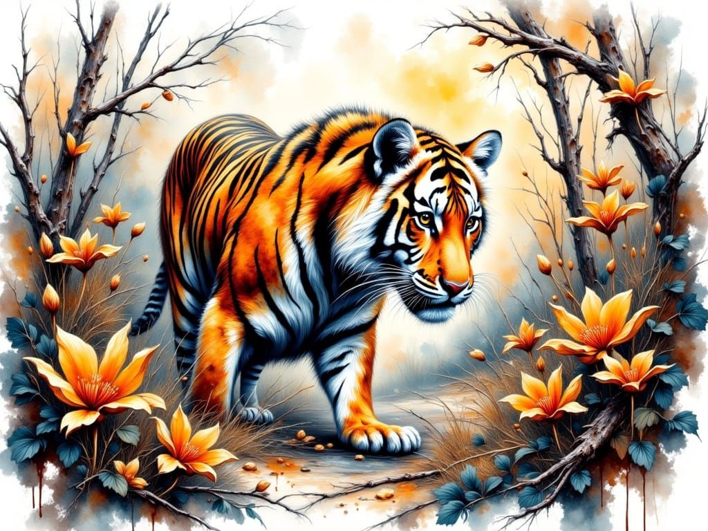 Tiger in Vibrant Jungle Landscape with Impasto Brushstrokes