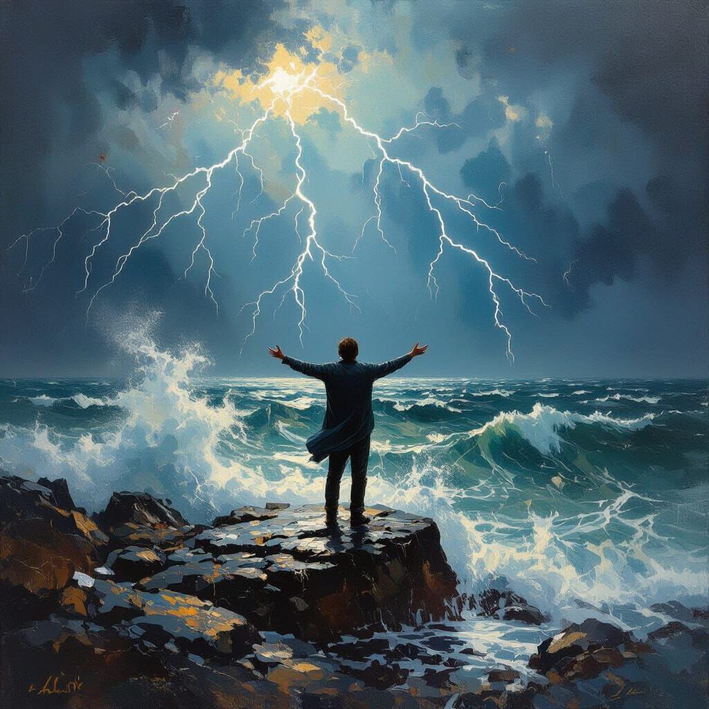 Man on Stormy Sea Rocks in Impressionist Style
