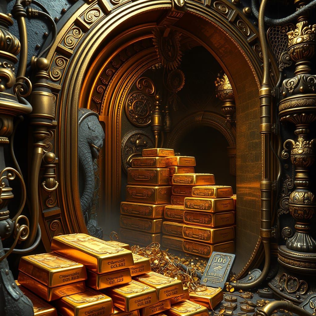 Luxurious Vault Entrance with Delicate Filigree and Gold Bar...