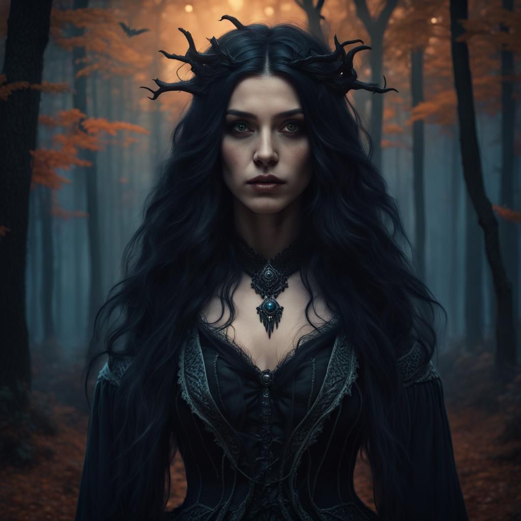 Young Halloween Witch in Haunted Forest: Digital Painting