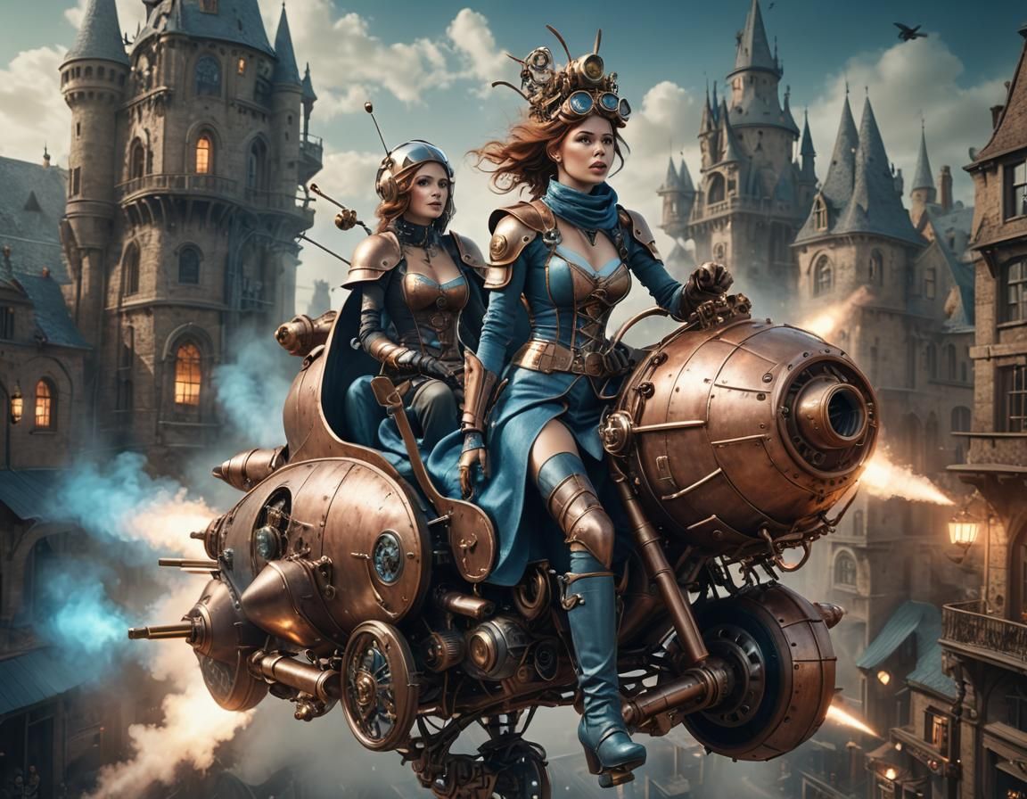 Steampunk Beauty Rides Rocket Beetle in Medieval City