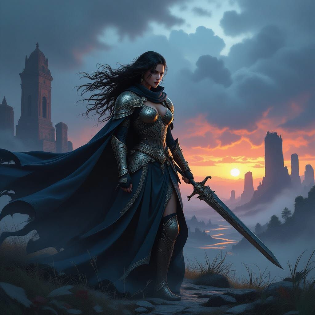 Epic Woman Warrior in Dark Fantasy Landscape