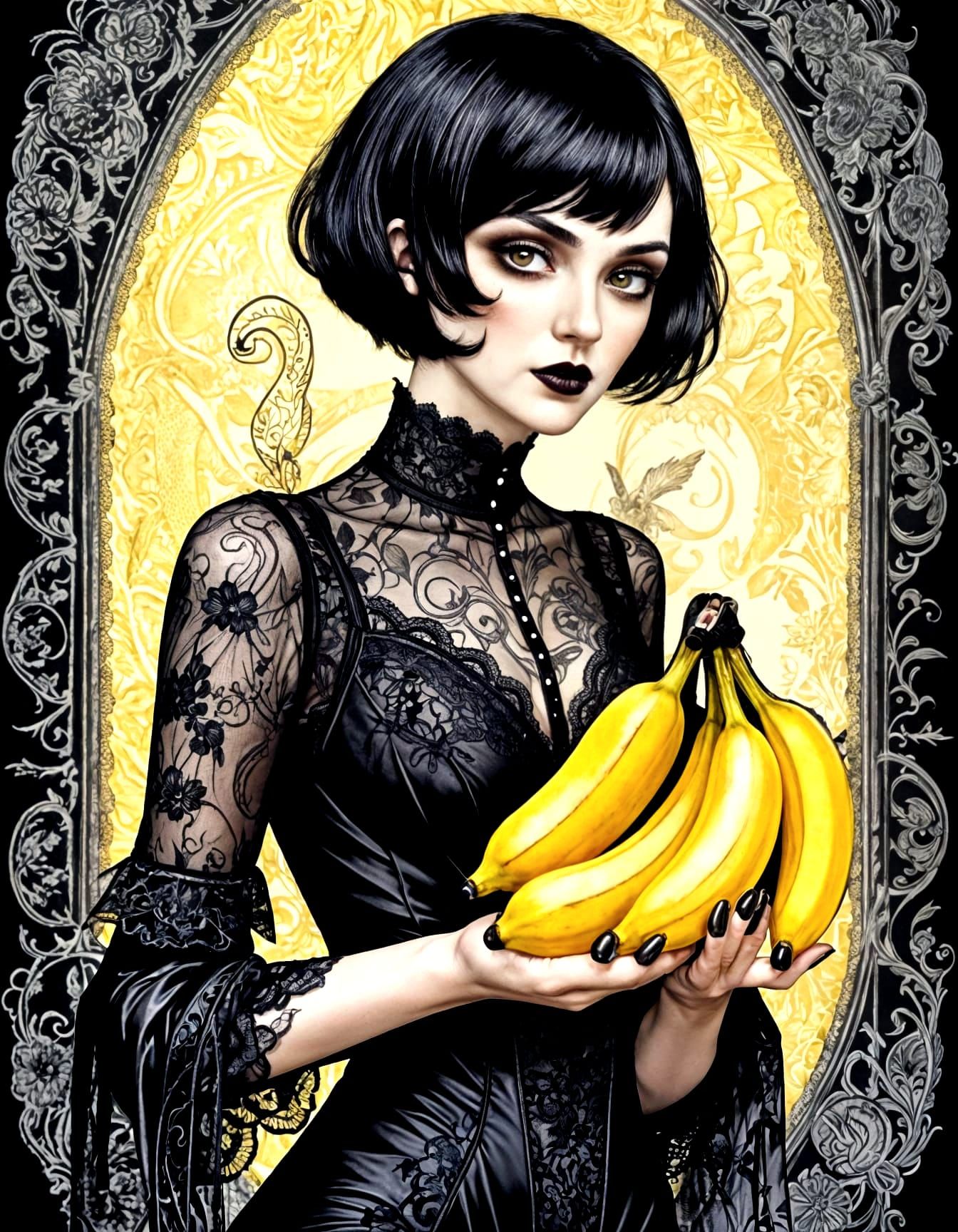 Gothic Woman with Banana: an Ink Fantasy