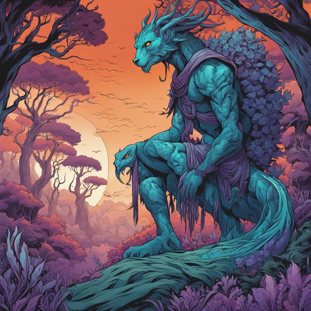 Ethereal Androgynous Demonic Fantasy Figure in Vibrant Fores...