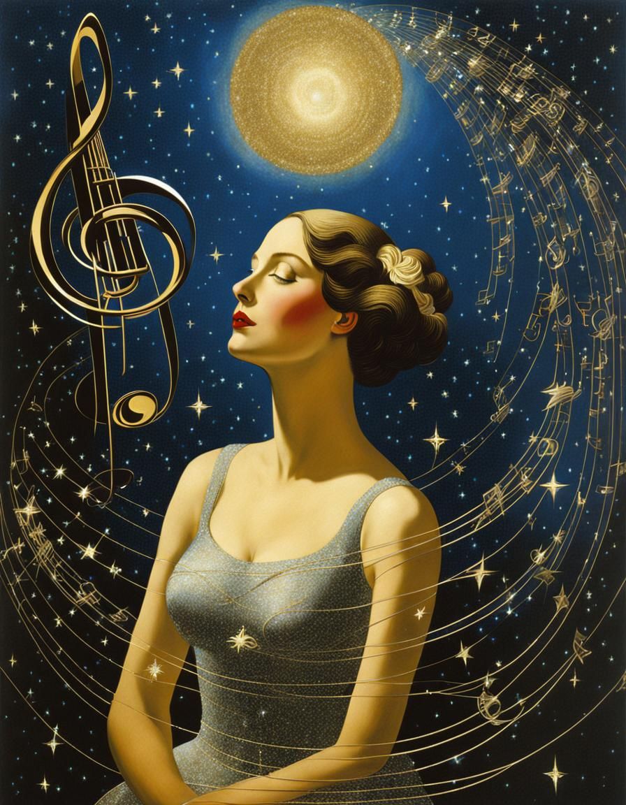 Woman Encircled by Musical Notes in Surreal Style