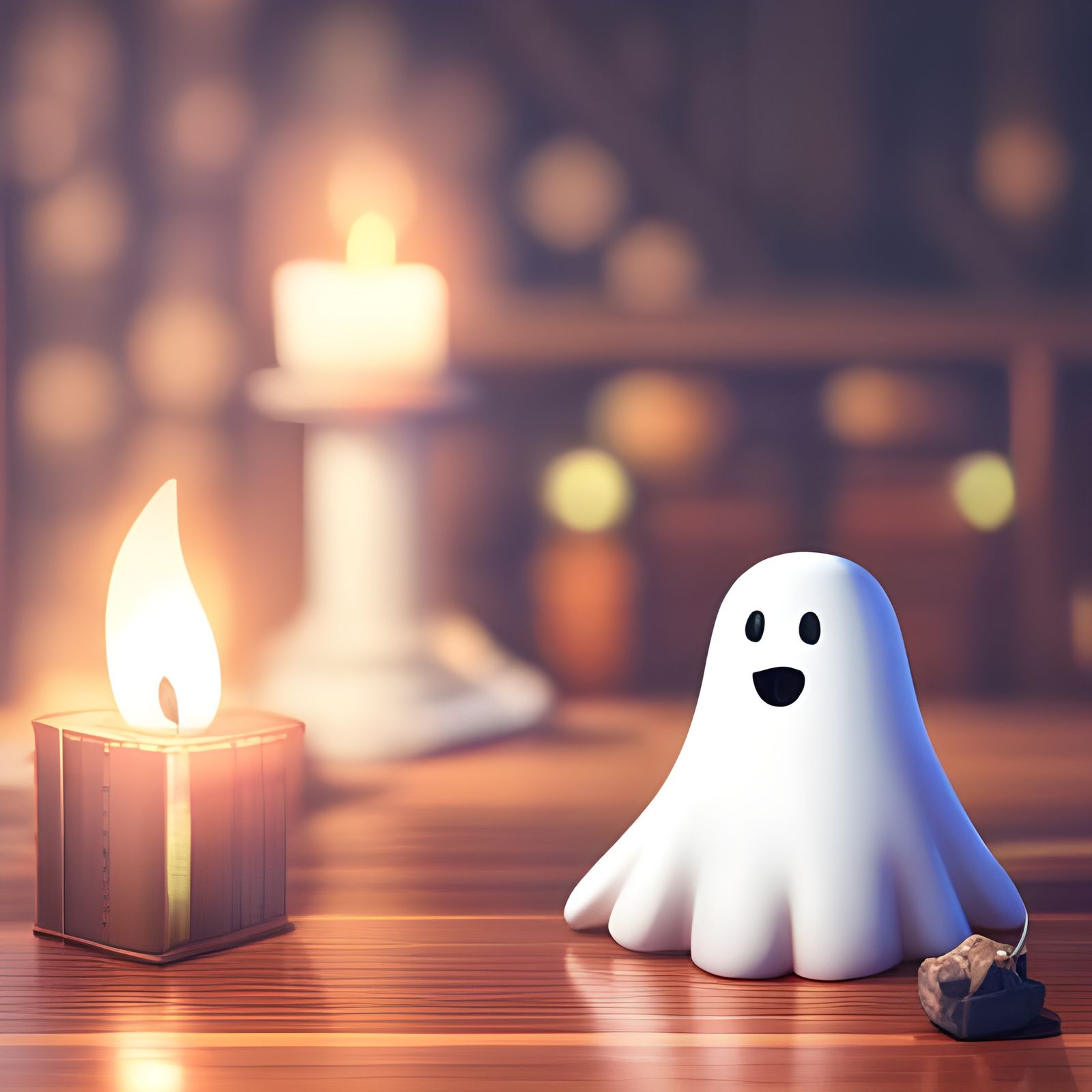Cute Ghost by Candlelight in Old Library