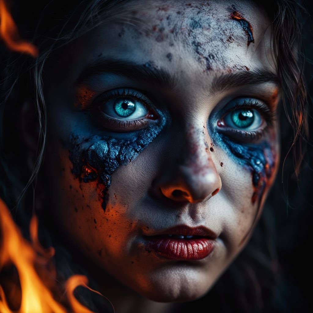 Woman Enveloped by Fiery Apocalypse in Cinematic Hyperrealis...