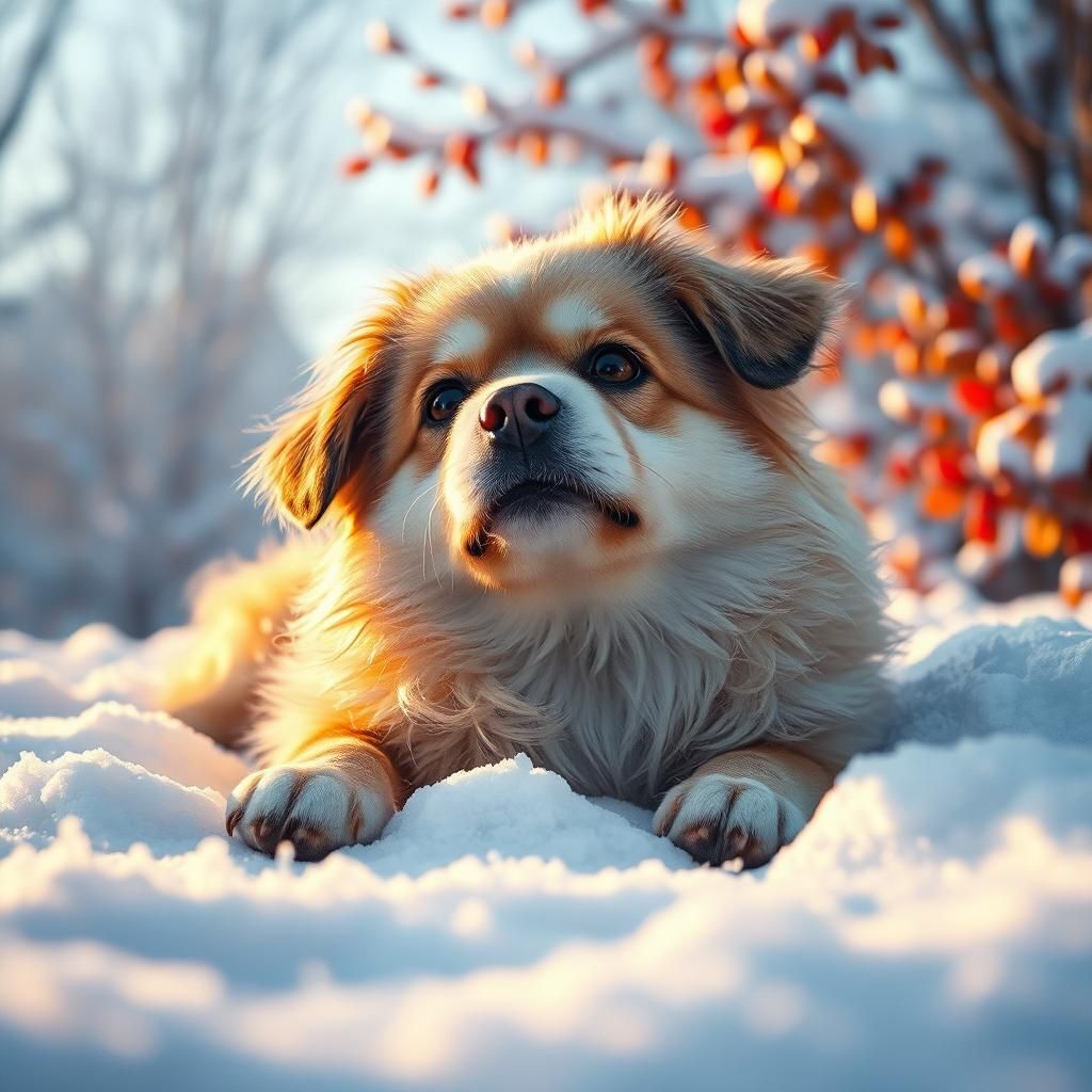 Fluffy Dog in Snowy Winter Wonderland