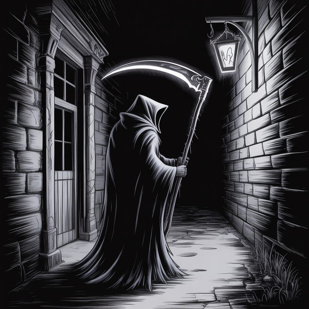 Spectral Reaper in Moonlit Alley, Charcoal Drawing